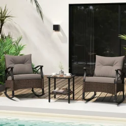 Tangkula 3 Pieces Outdoor Rocking Chairs Set, Rattan Heavy Duty Cushioned Rocker Chairs with 2-Tier Tempered Glass Coffee Table