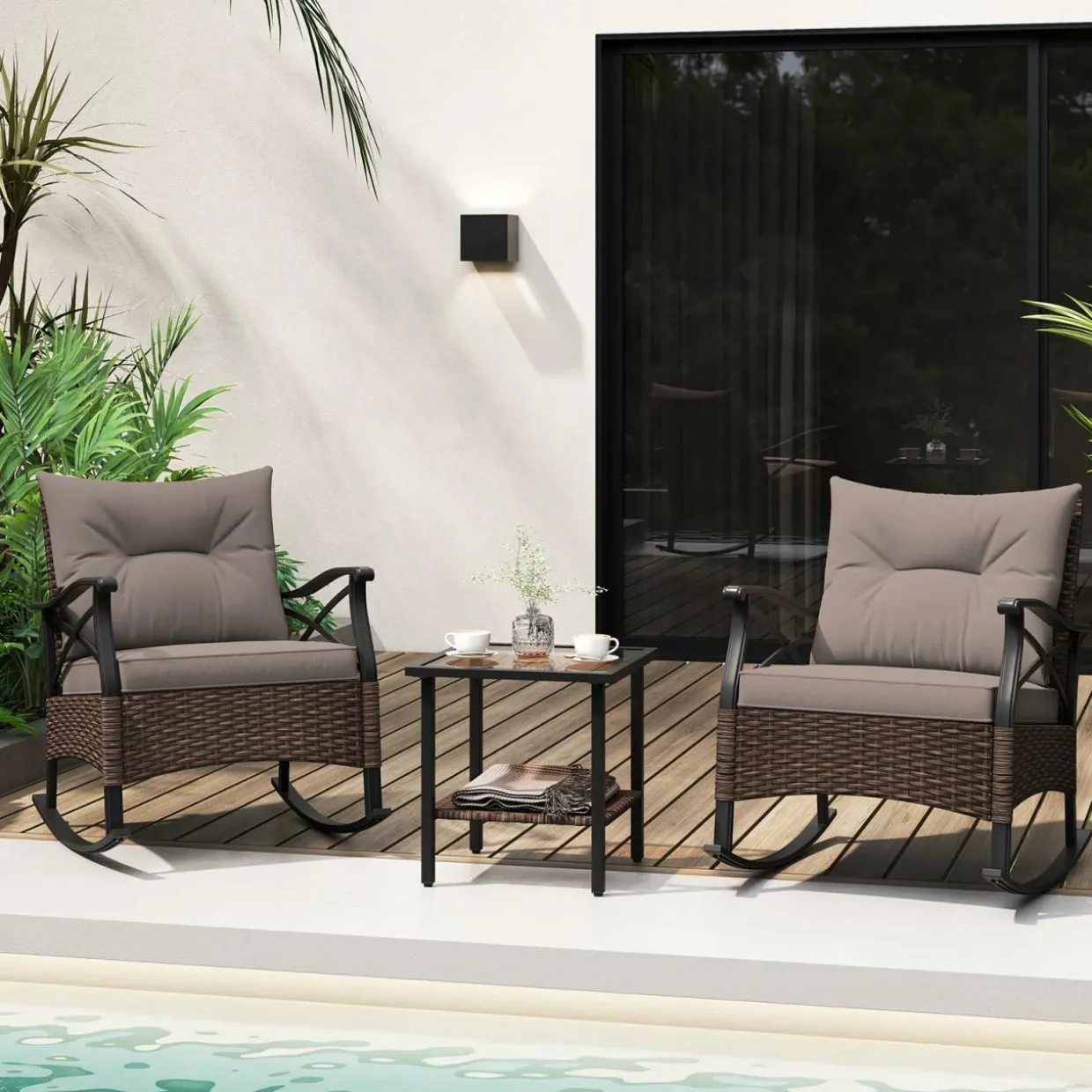 Tangkula 3 Pieces Outdoor Rocking Chairs Set, Rattan Heavy Duty Cushioned Rocker Chairs with 2-Tier Tempered Glass Coffee Table