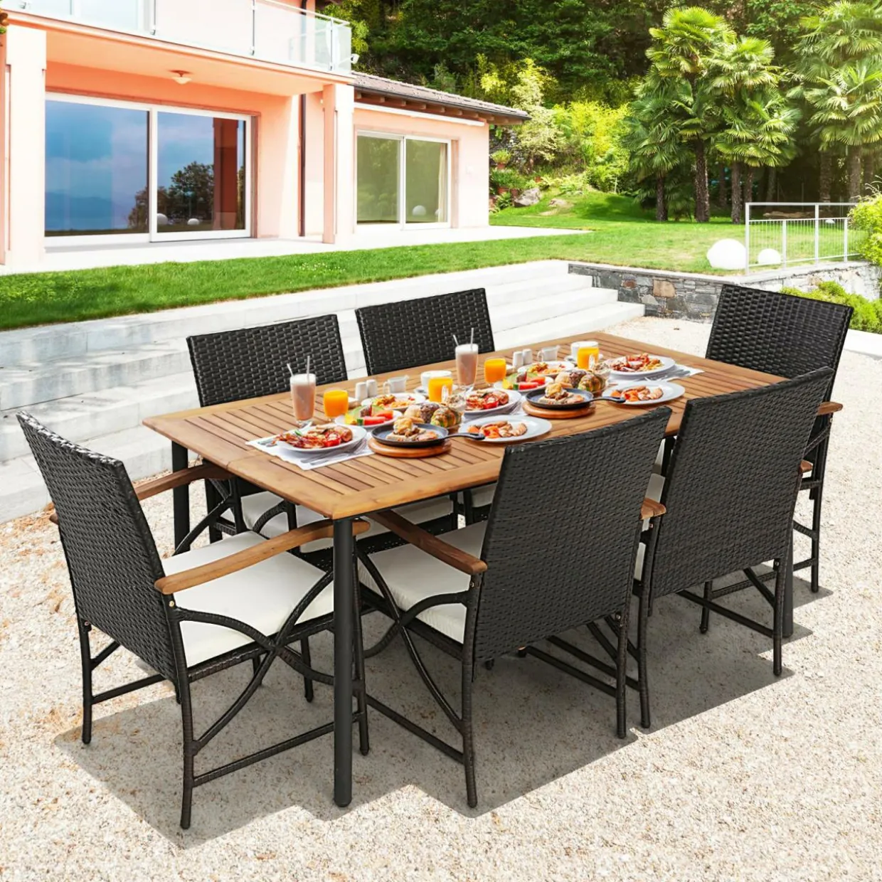 Tangkula 5 Pieces Outdoor Dining Set with Acacia Wood Table & 4 Wicker Rattan Armrest Chairs