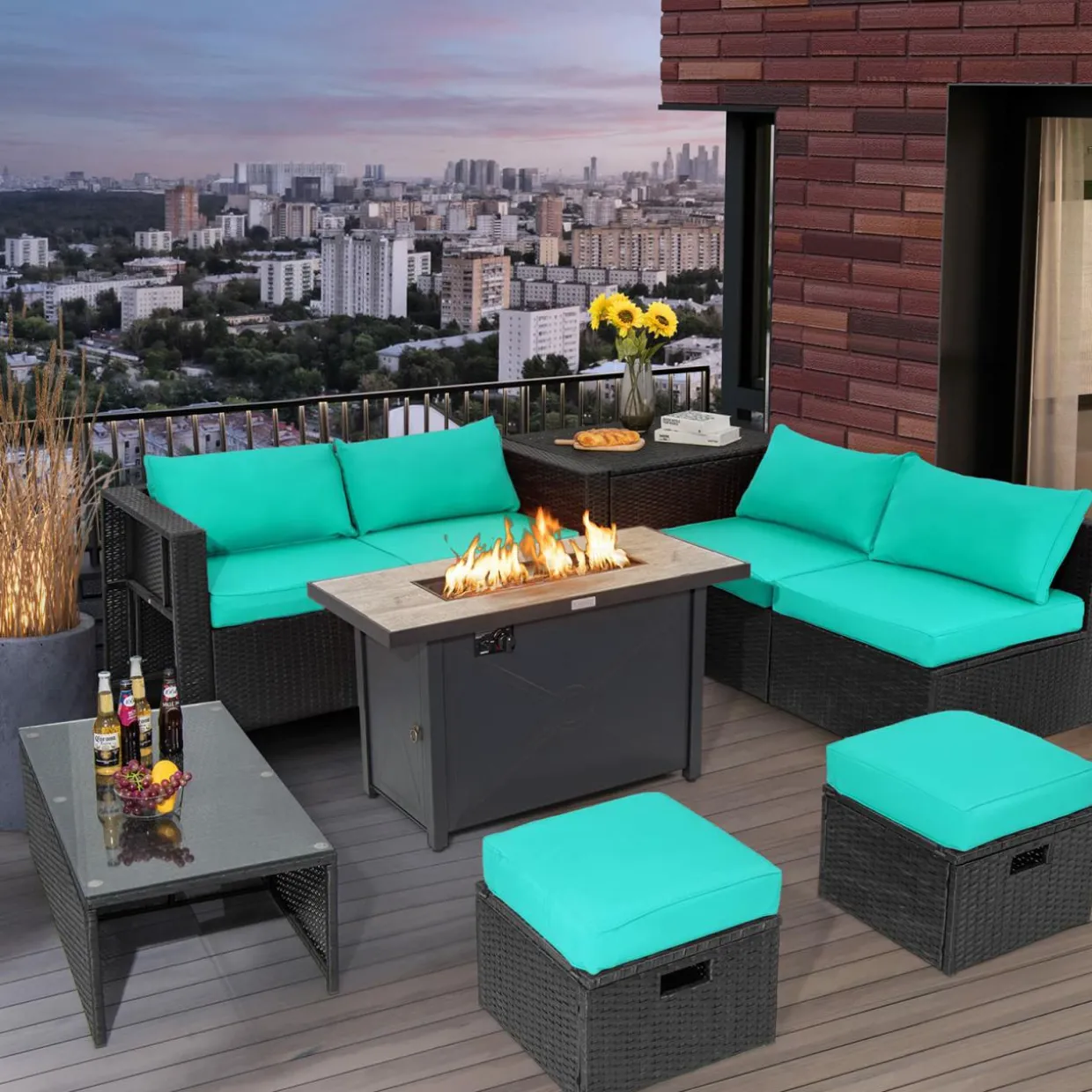 Tangkula 9 Pieces Outdoor Wicker Sectional Sofa with 42" 60,000 BTU Gas Fire Pit Table