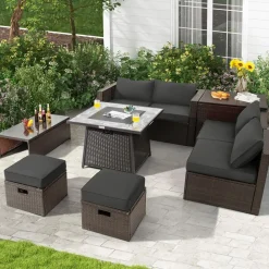 Tangkula 9 Pieces Outdoor Patio Furniture Set with 35-Inch Propane Fire Pit Table