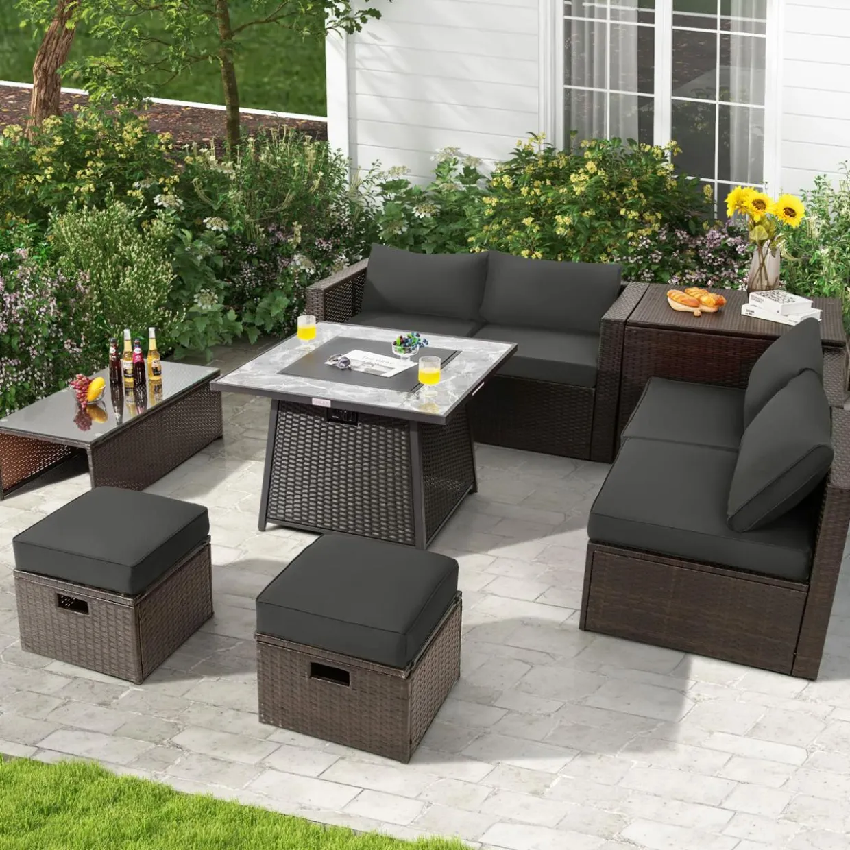 Tangkula 9 Pieces Outdoor Patio Furniture Set with 35-Inch Propane Fire Pit Table