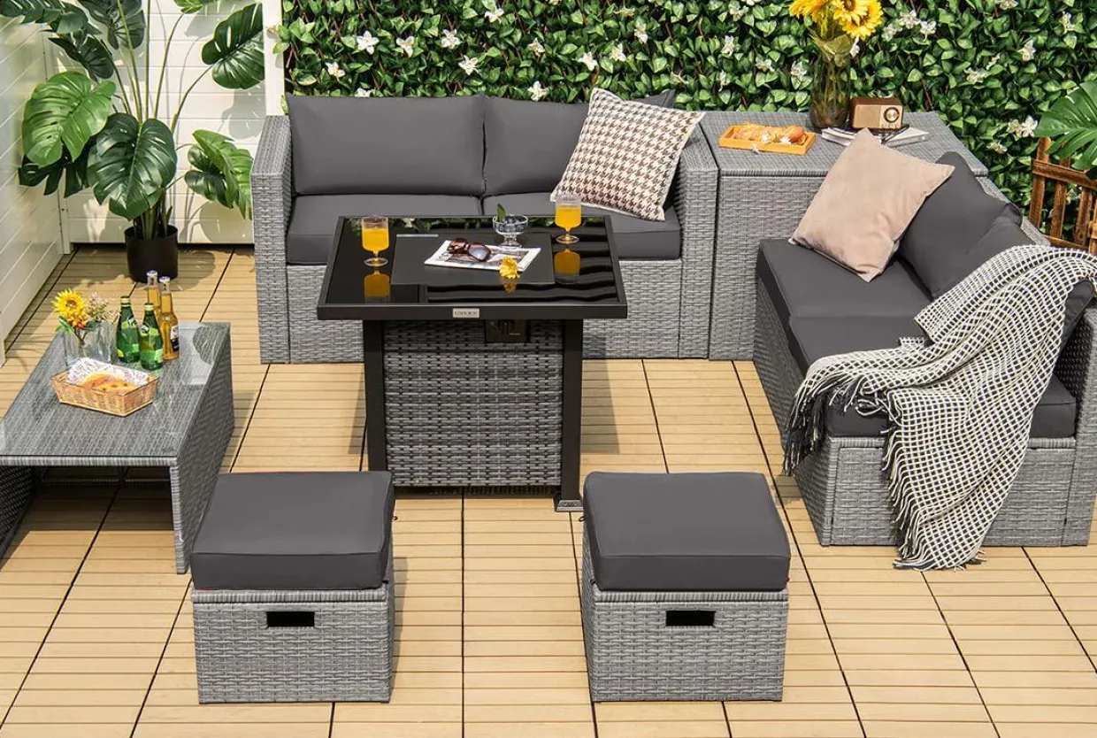 Tangkula 9 Pieces Outdoor Patio Furniture Set with 32-Inch Propane Fire Pit Table