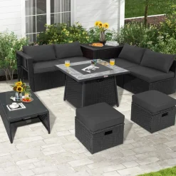 Tangkula 9 Pieces Outdoor PE Rattan Sectional Sofa with 35-Inch Gas Fire Pit Table