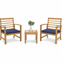 Tangkula 3 Pieces Outdoor Furniture Set, Acacia Wood Conversation Set with Soft Seat Cushions