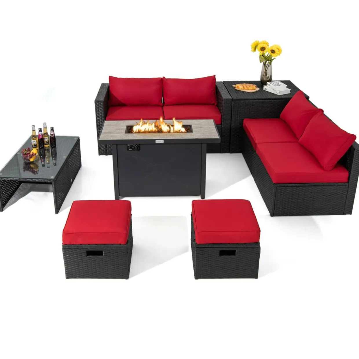Tangkula 9 Pieces Outdoor Wicker Sectional Sofa with 42" 60,000 BTU Gas Fire Pit Table