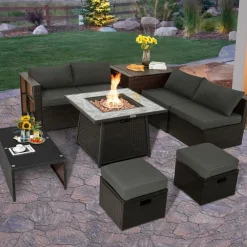 Tangkula 9 Pieces Outdoor Patio Furniture Set with 35-Inch Propane Fire Pit Table