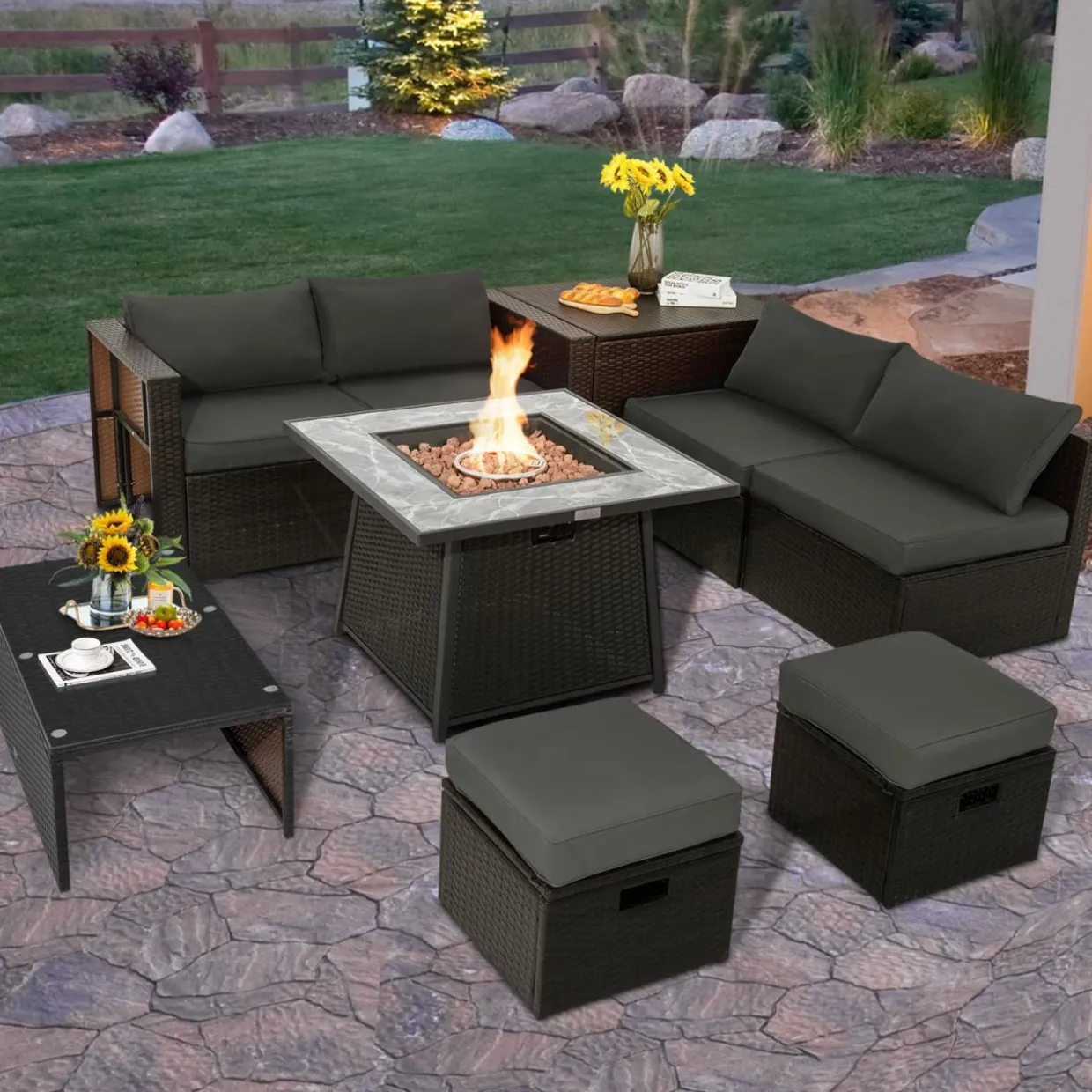 Tangkula 9 Pieces Outdoor Patio Furniture Set with 35-Inch Propane Fire Pit Table