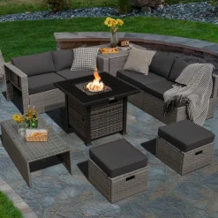 Tangkula 9 Pieces Outdoor Patio Furniture Set with 32-Inch Propane Fire Pit Table