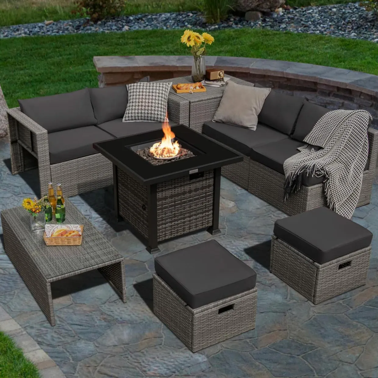 Tangkula 9 Pieces Outdoor Patio Furniture Set with 32-Inch Propane Fire Pit Table