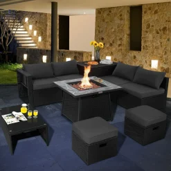 Tangkula 9 Pieces Outdoor PE Rattan Sectional Sofa with 35-Inch Gas Fire Pit Table