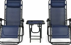 Tangkula 3 Pieces Outdoor Zero Gravity Chair Set, Folding Reclining Lounge Chair with Adjustable Backrest