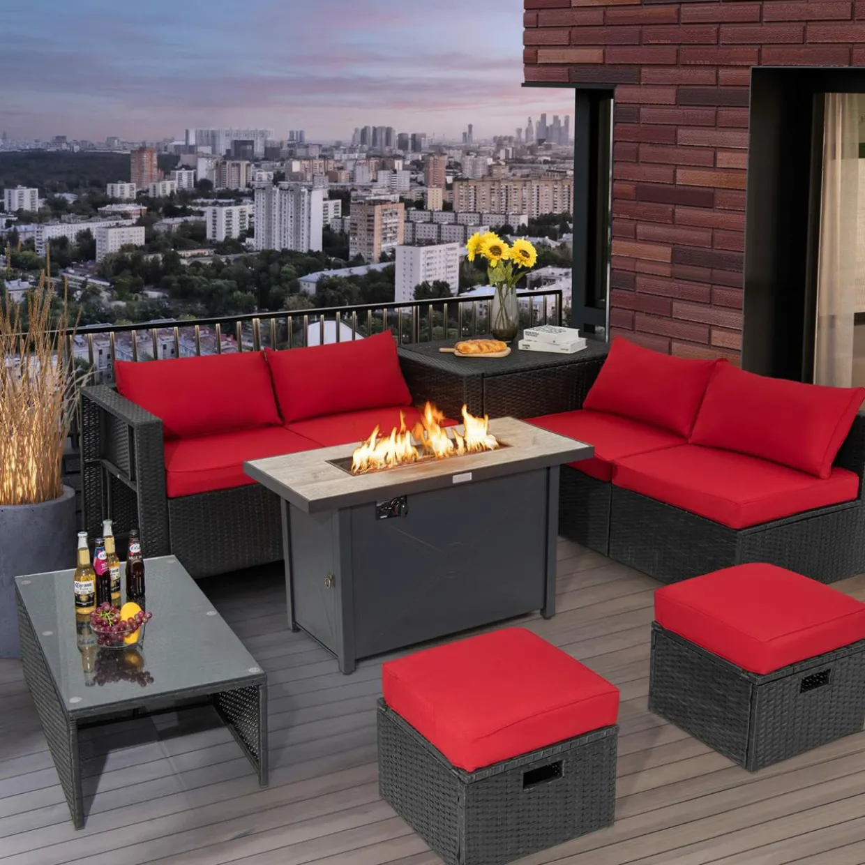 Tangkula 9 Pieces Outdoor Wicker Sectional Sofa with 42" 60,000 BTU Gas Fire Pit Table