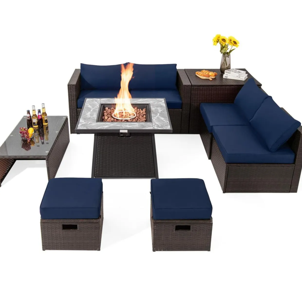 Tangkula 9 Pieces Outdoor Patio Furniture Set with 35-Inch Propane Fire Pit Table