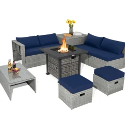 Tangkula 9 Pieces Outdoor Patio Furniture Set with 32-Inch Propane Fire Pit Table