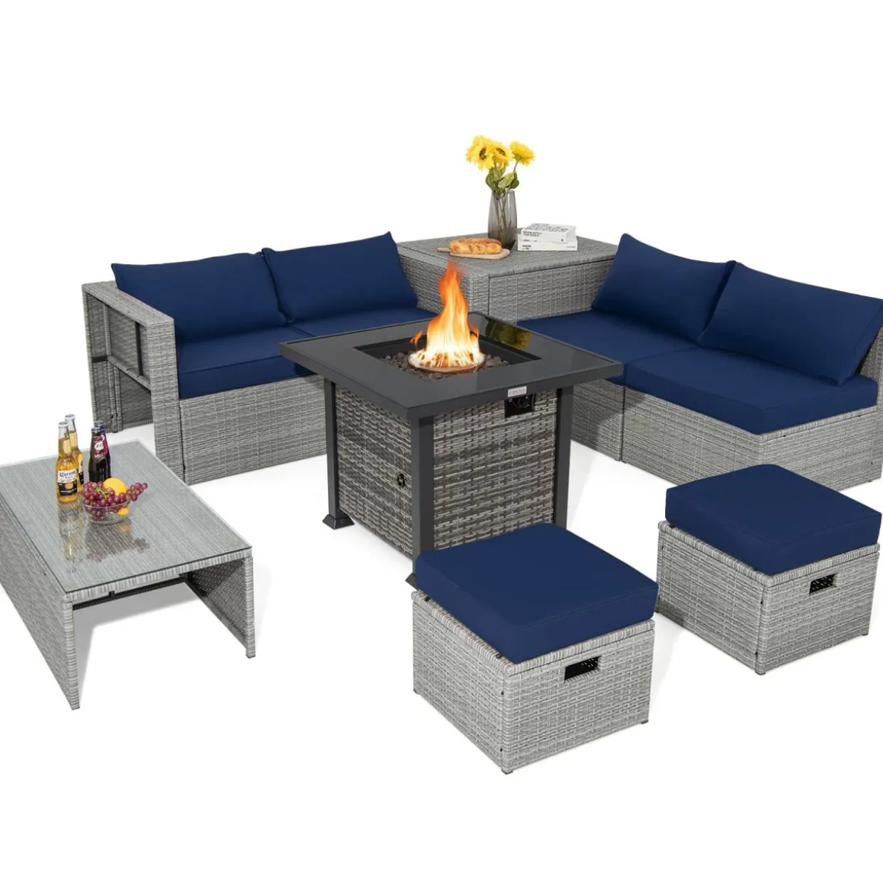 Tangkula 9 Pieces Outdoor Patio Furniture Set with 32-Inch Propane Fire Pit Table