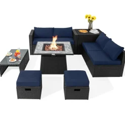 Tangkula 9 Pieces Outdoor PE Rattan Sectional Sofa with 35-Inch Gas Fire Pit Table