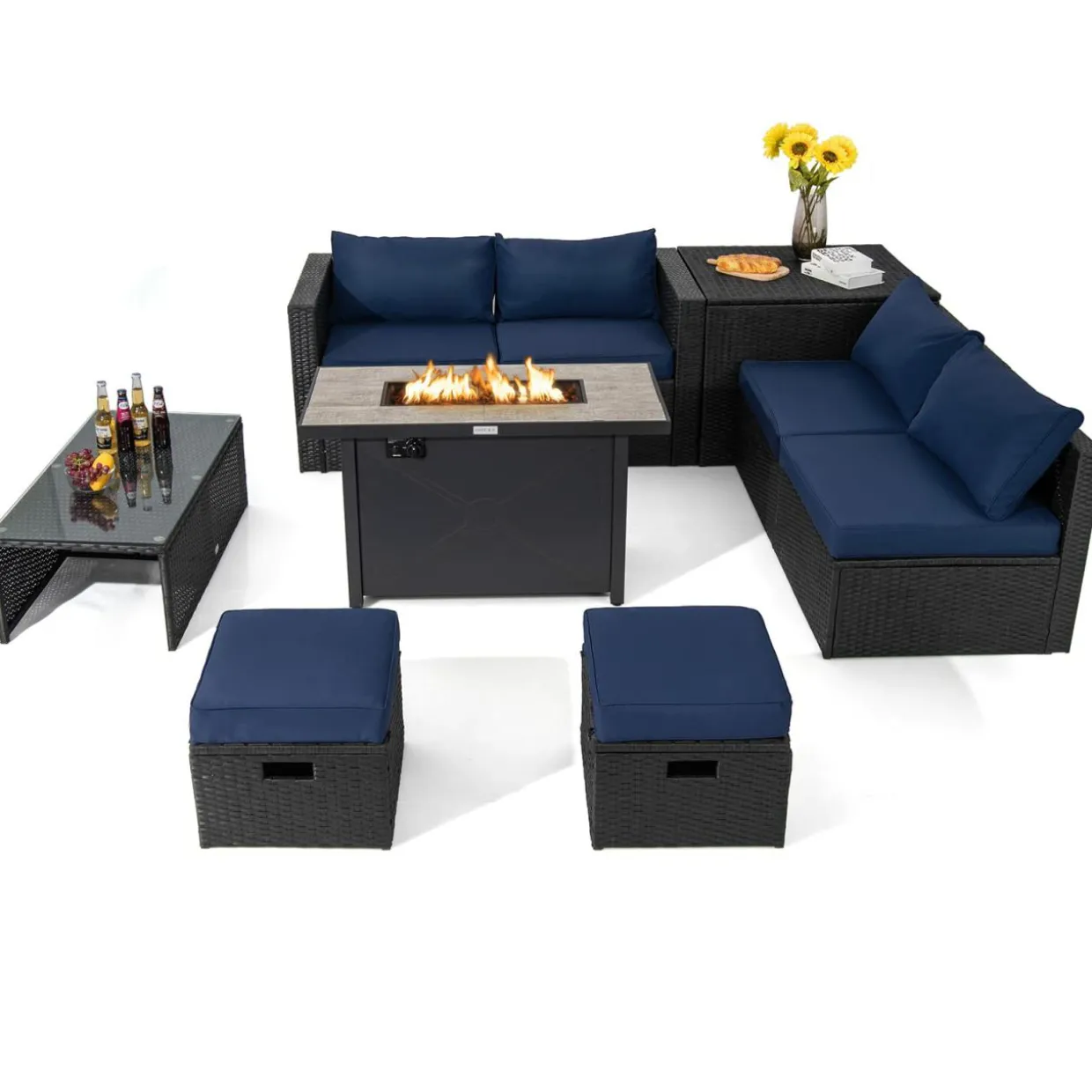 Tangkula 9 Pieces Outdoor Wicker Sectional Sofa with 42" 60,000 BTU Gas Fire Pit Table