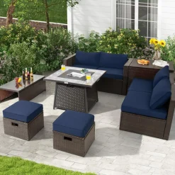 Tangkula 9 Pieces Outdoor Patio Furniture Set with 35-Inch Propane Fire Pit Table