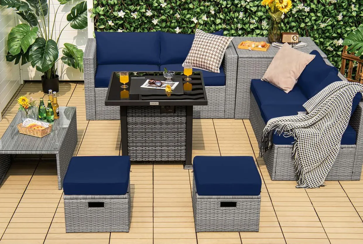 Tangkula 9 Pieces Outdoor Patio Furniture Set with 32-Inch Propane Fire Pit Table