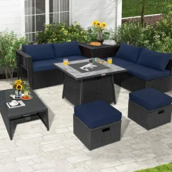 Tangkula 9 Pieces Outdoor PE Rattan Sectional Sofa with 35-Inch Gas Fire Pit Table