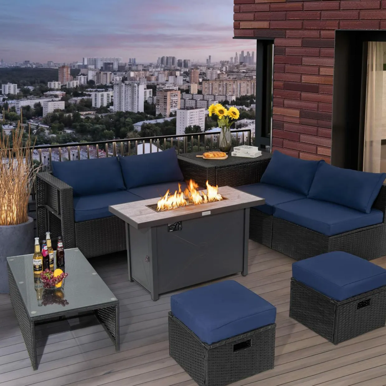 Tangkula 9 Pieces Outdoor Wicker Sectional Sofa with 42" 60,000 BTU Gas Fire Pit Table