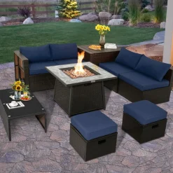 Tangkula 9 Pieces Outdoor Patio Furniture Set with 35-Inch Propane Fire Pit Table