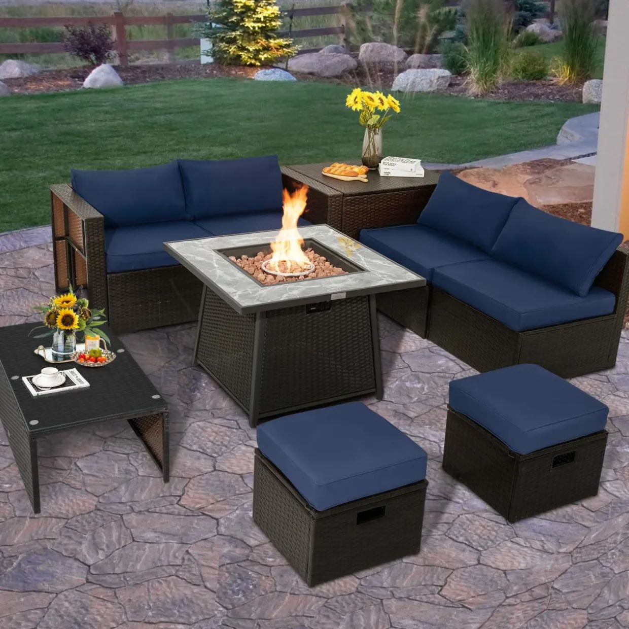 Tangkula 9 Pieces Outdoor Patio Furniture Set with 35-Inch Propane Fire Pit Table