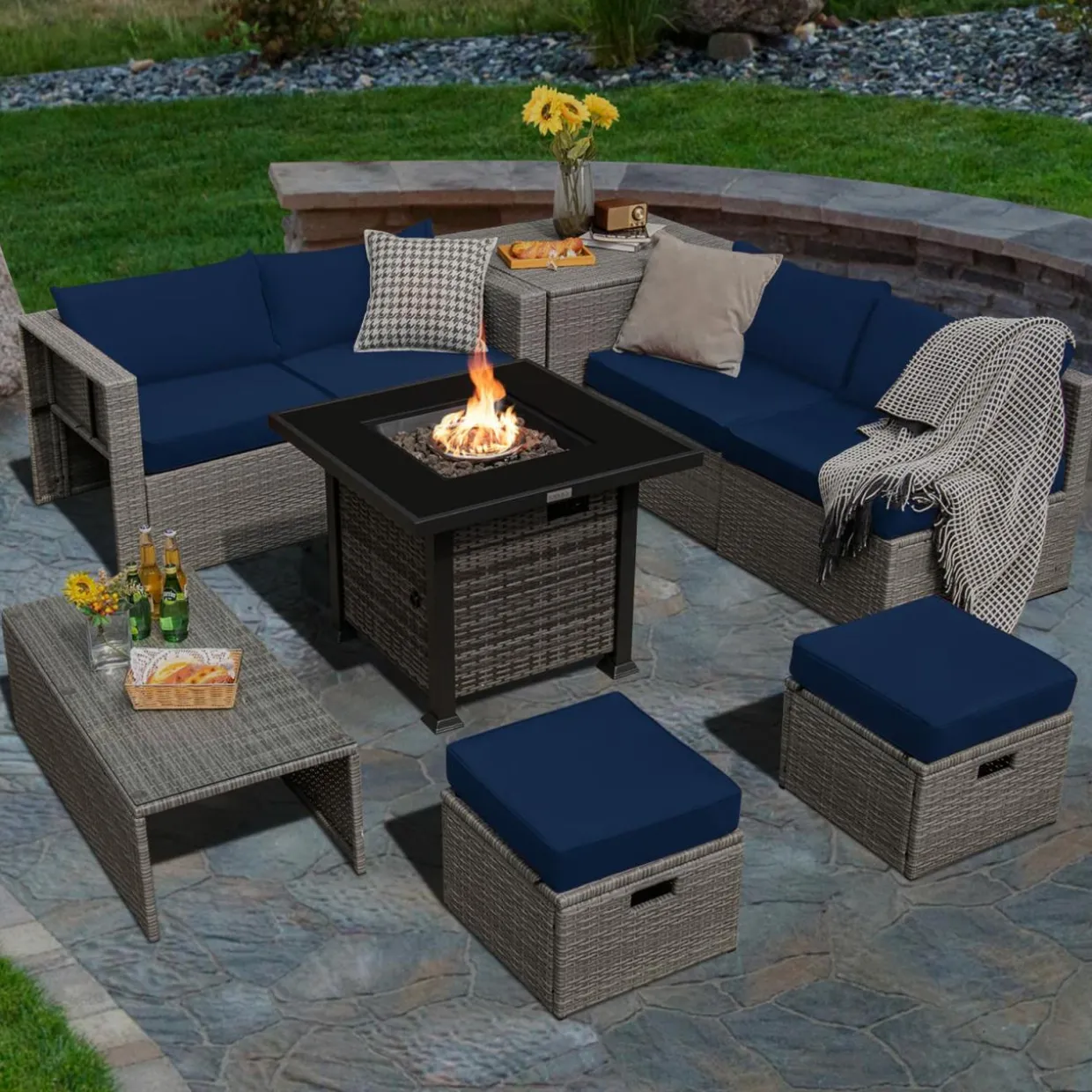 Tangkula 9 Pieces Outdoor Patio Furniture Set with 32-Inch Propane Fire Pit Table