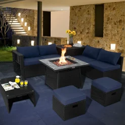 Tangkula 9 Pieces Outdoor PE Rattan Sectional Sofa with 35-Inch Gas Fire Pit Table