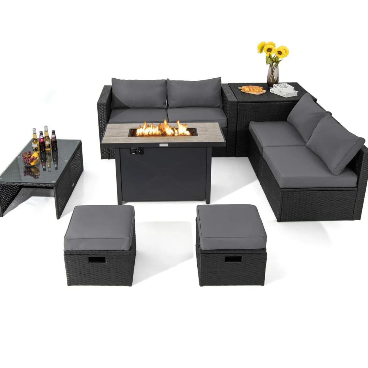 Tangkula 9 Pieces Outdoor Wicker Sectional Sofa with 42" 60,000 BTU Gas Fire Pit Table