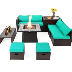 Tangkula 9 Pieces Outdoor Patio Furniture Set with 35-Inch Propane Fire Pit Table