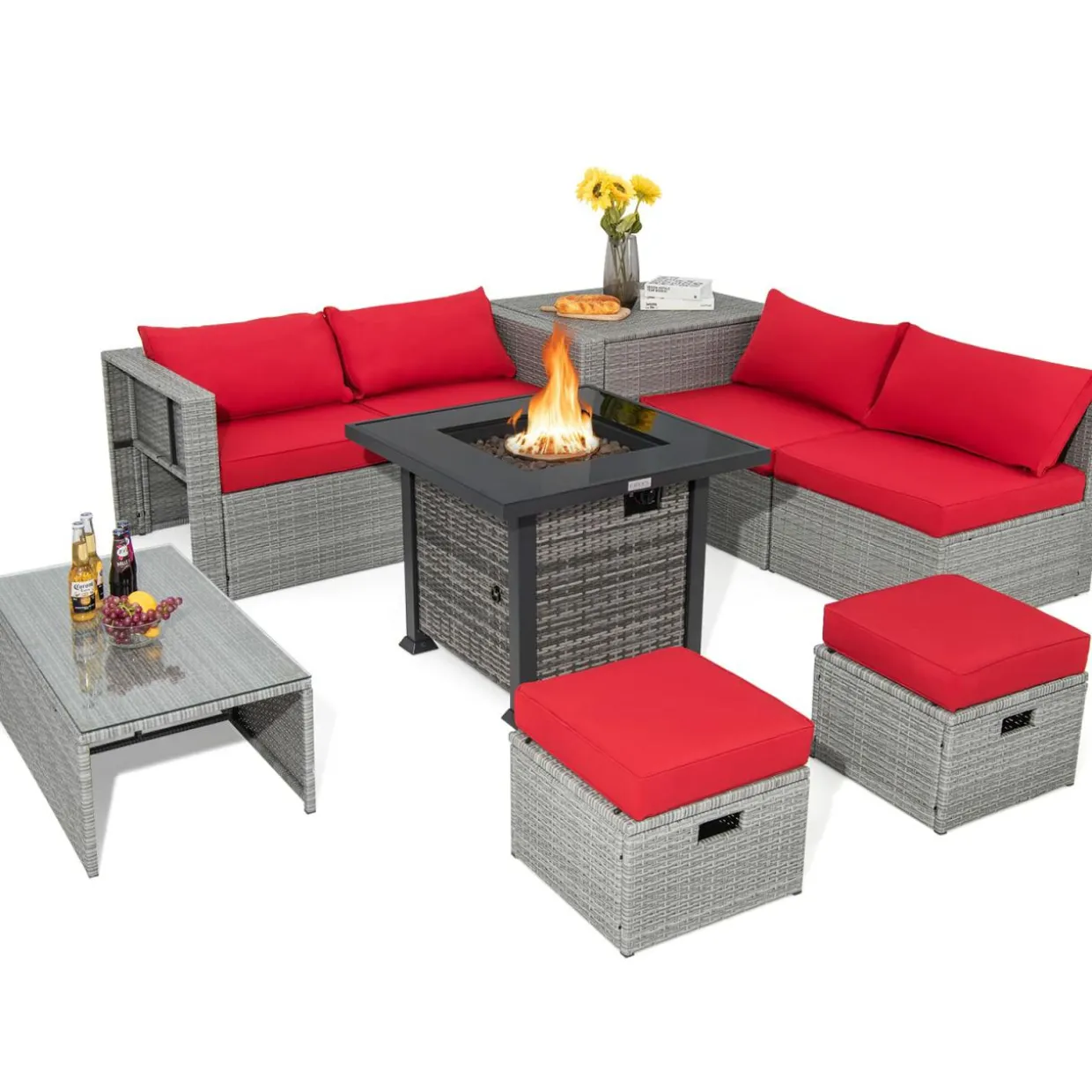 Tangkula 9 Pieces Outdoor Patio Furniture Set with 32-Inch Propane Fire Pit Table