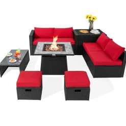 Tangkula 9 Pieces Outdoor PE Rattan Sectional Sofa with 35-Inch Gas Fire Pit Table