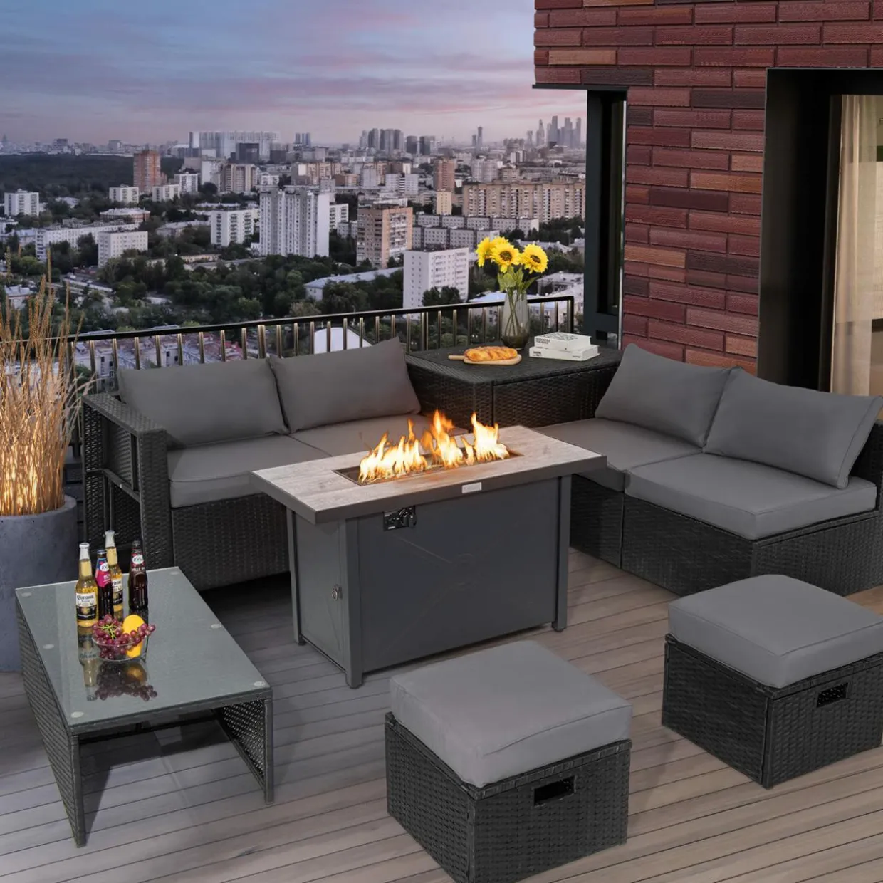 Tangkula 9 Pieces Outdoor Wicker Sectional Sofa with 42" 60,000 BTU Gas Fire Pit Table