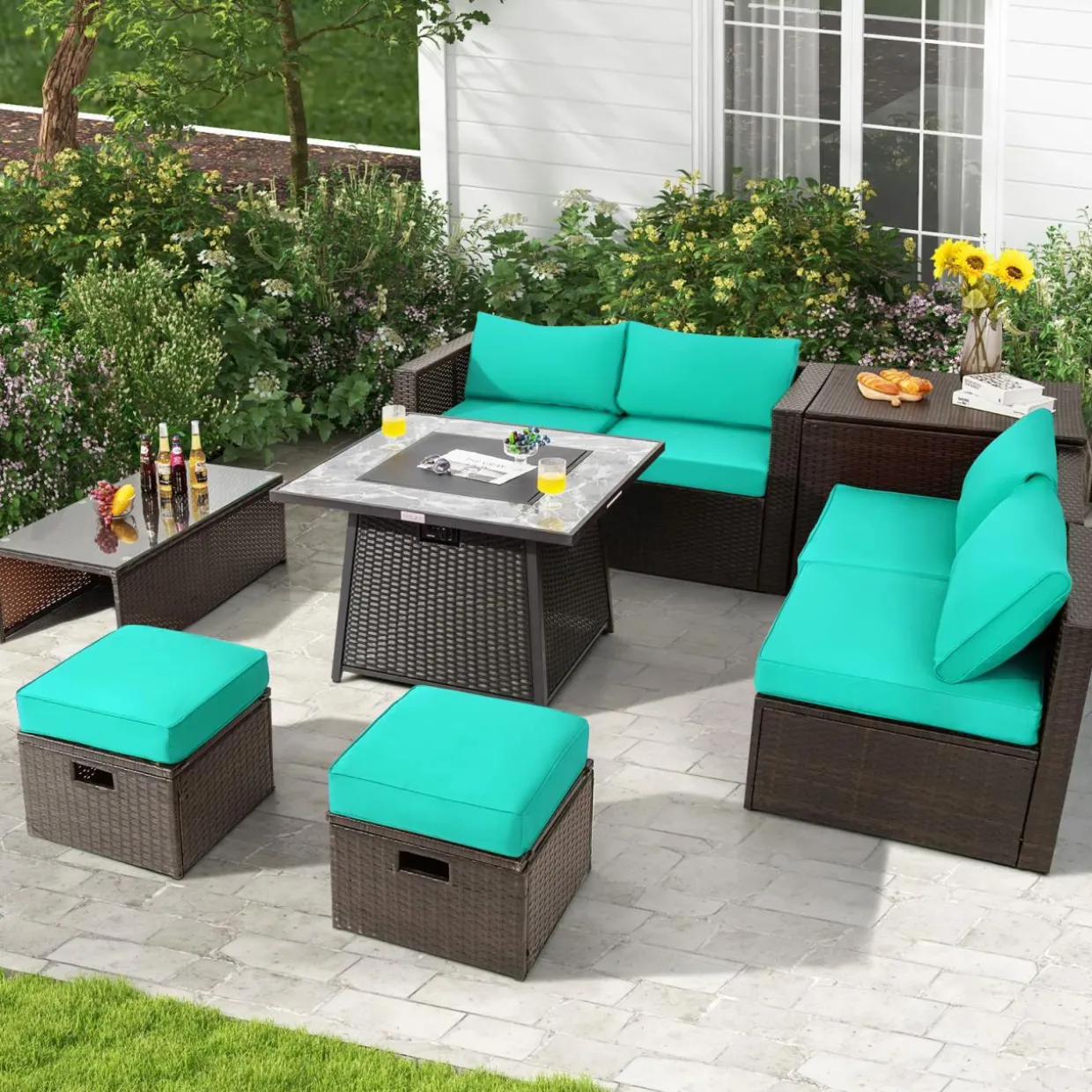 Tangkula 9 Pieces Outdoor Patio Furniture Set with 35-Inch Propane Fire Pit Table