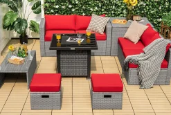 Tangkula 9 Pieces Outdoor Patio Furniture Set with 32-Inch Propane Fire Pit Table