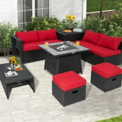 Tangkula 9 Pieces Outdoor PE Rattan Sectional Sofa with 35-Inch Gas Fire Pit Table