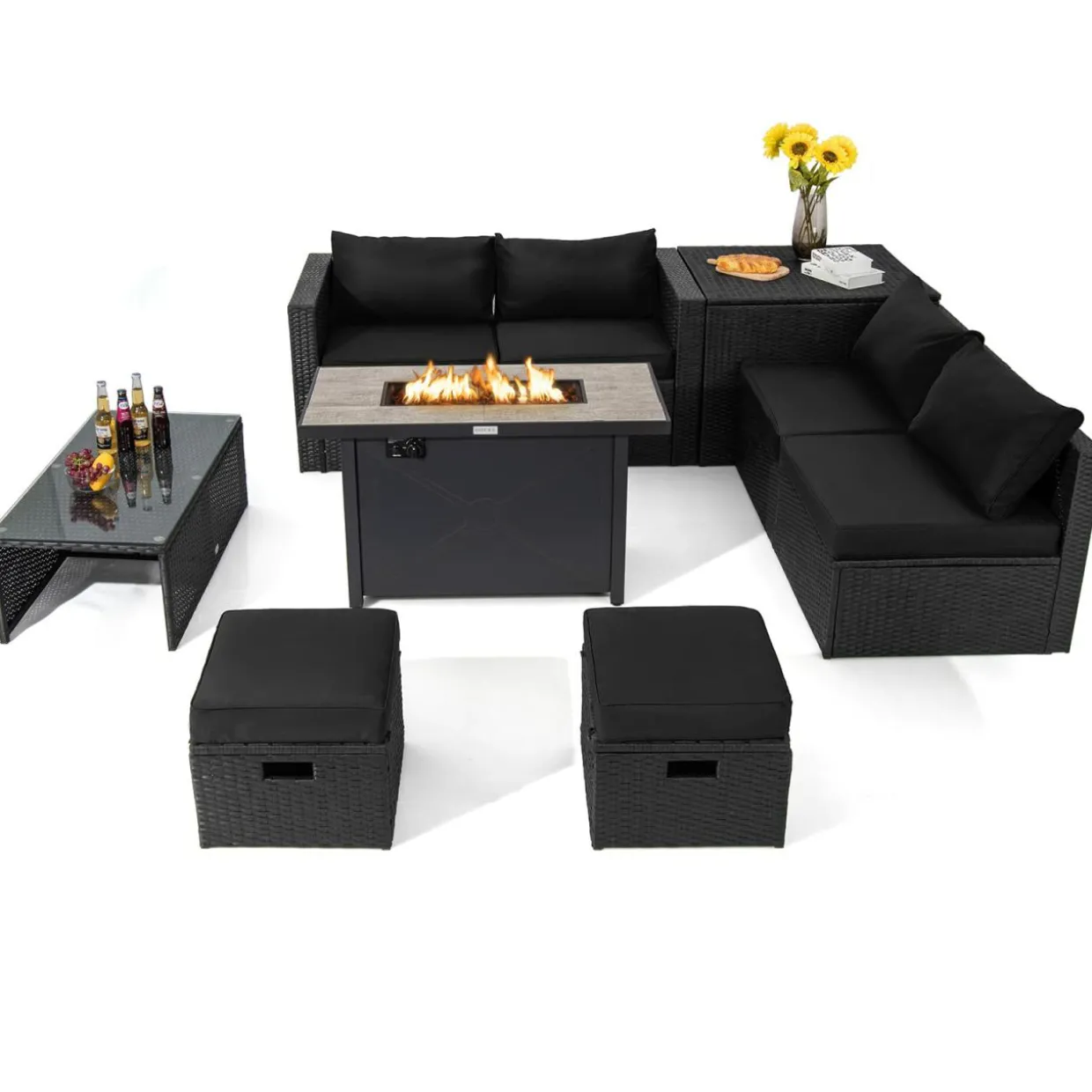 Tangkula 9 Pieces Outdoor Wicker Sectional Sofa with 42" 60,000 BTU Gas Fire Pit Table