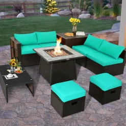 Tangkula 9 Pieces Outdoor Patio Furniture Set with 35-Inch Propane Fire Pit Table