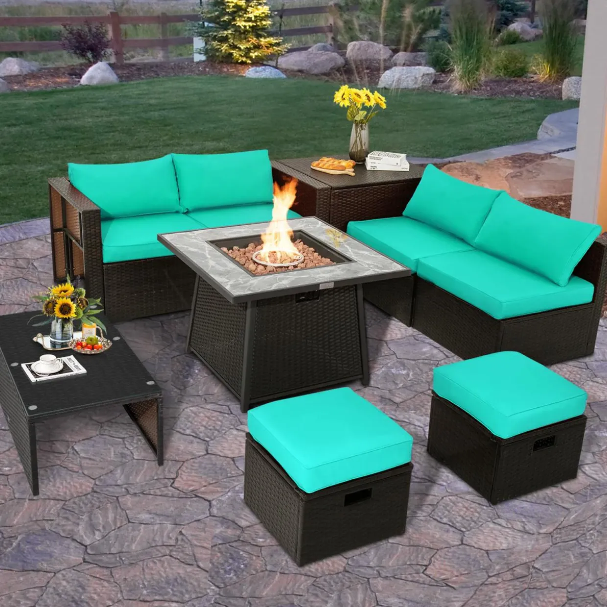 Tangkula 9 Pieces Outdoor Patio Furniture Set with 35-Inch Propane Fire Pit Table