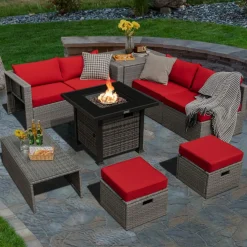 Tangkula 9 Pieces Outdoor Patio Furniture Set with 32-Inch Propane Fire Pit Table