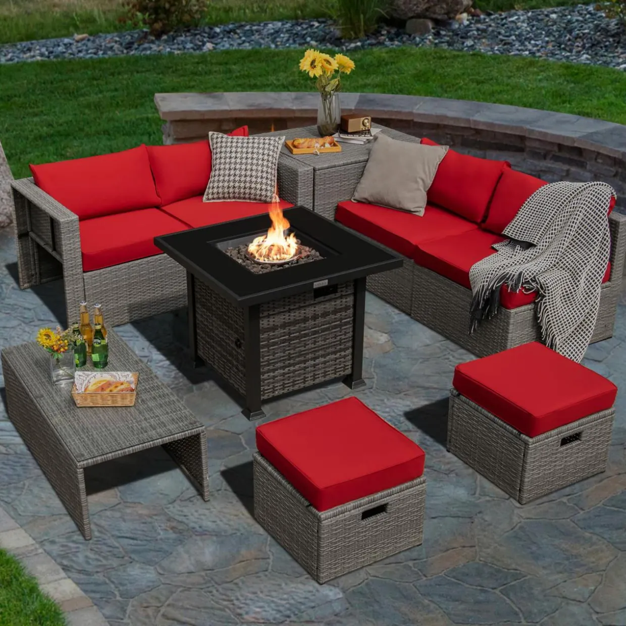 Tangkula 9 Pieces Outdoor Patio Furniture Set with 32-Inch Propane Fire Pit Table