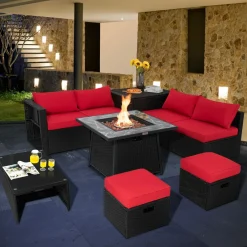 Tangkula 9 Pieces Outdoor PE Rattan Sectional Sofa with 35-Inch Gas Fire Pit Table