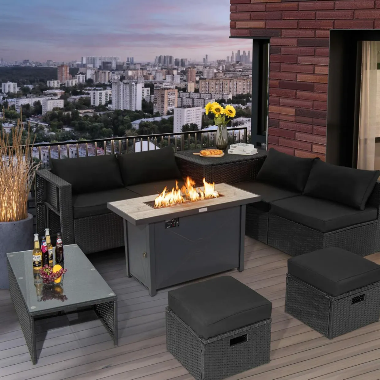 Tangkula 9 Pieces Outdoor Wicker Sectional Sofa with 42" 60,000 BTU Gas Fire Pit Table