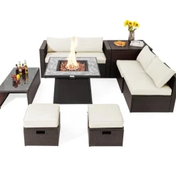 Tangkula 9 Pieces Outdoor Patio Furniture Set with 35-Inch Propane Fire Pit Table