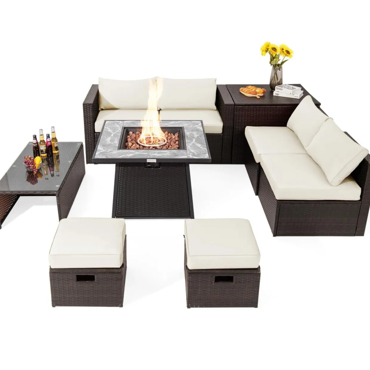 Tangkula 9 Pieces Outdoor Patio Furniture Set with 35-Inch Propane Fire Pit Table
