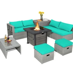 Tangkula 9 Pieces Outdoor Patio Furniture Set with 32-Inch Propane Fire Pit Table
