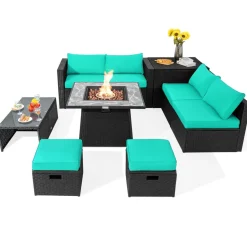 Tangkula 9 Pieces Outdoor PE Rattan Sectional Sofa with 35-Inch Gas Fire Pit Table