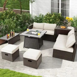 Tangkula 9 Pieces Outdoor Patio Furniture Set with 35-Inch Propane Fire Pit Table